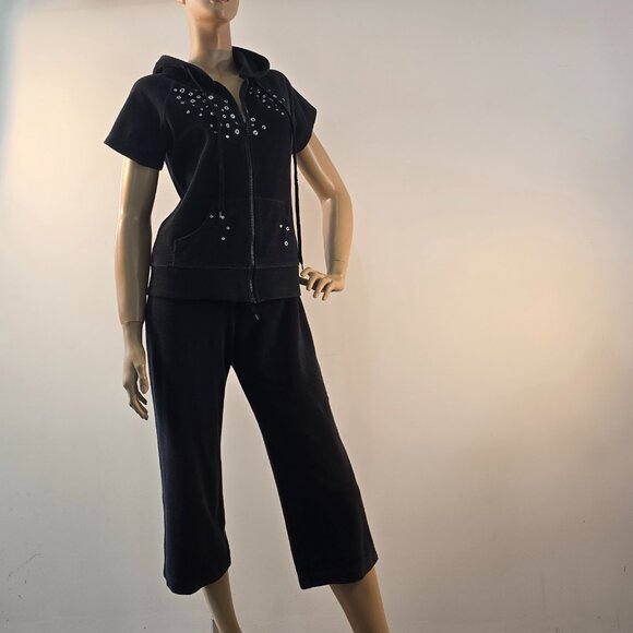 Vishal Black Track Jogging Suit Zip Up Hoodie With Cropped Pants Womens Sz M - Picture 1 of 11